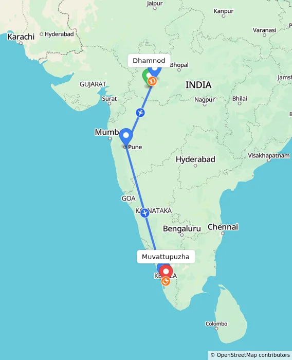 Route map showing distance and travel time from Dhamnod, India to Muvattupuzha, India
