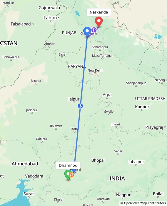Route map showing distance and travel time from Dhamnod, India to Narkanda, India