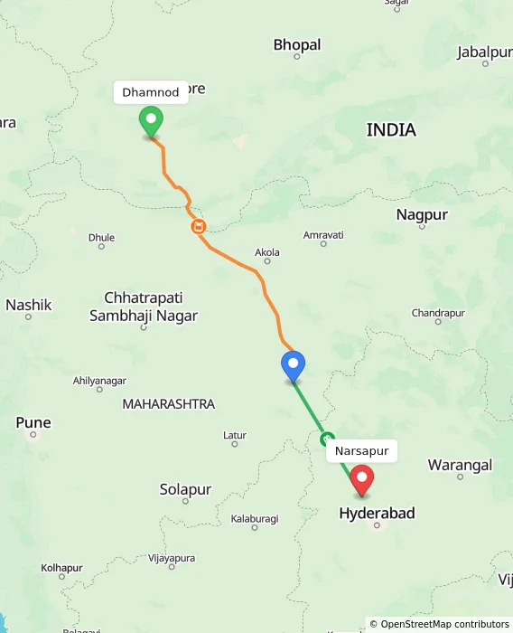 Route map showing distance and travel time from Dhamnod, India to Narsapur, India