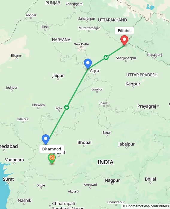 Route map showing distance and travel time from Dhamnod, India to Pilibhit, India