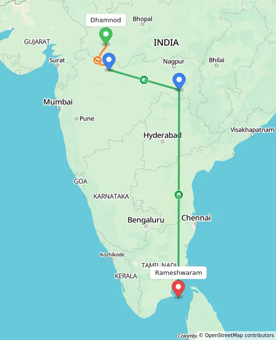 Route map showing distance and travel time from Dhamnod, India to Rameshwaram, India