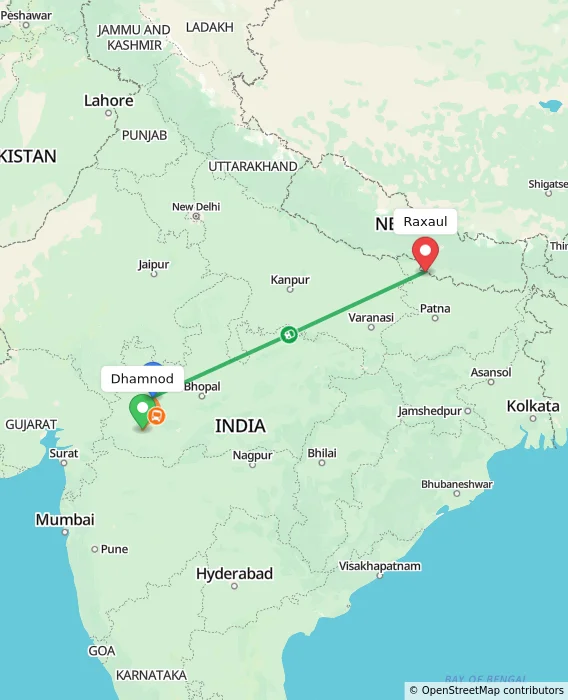 Route map showing distance and travel time from Dhamnod, India to Raxaul, India
