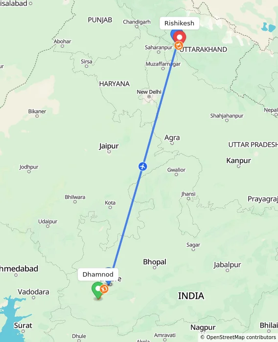 Route map showing distance and travel time from Dhamnod, India to Rishikesh, India