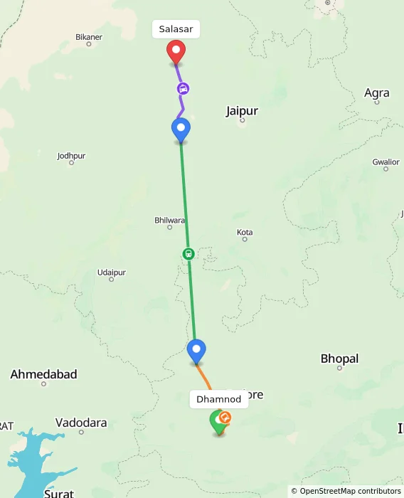 Route map showing distance and travel time from Dhamnod, India to Salasar, India