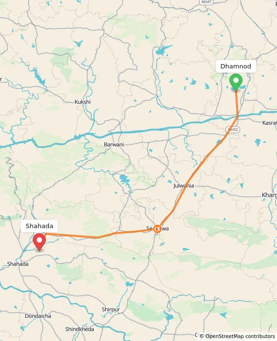 Route map showing distance and travel time from Dhamnod, India to Shahada, India