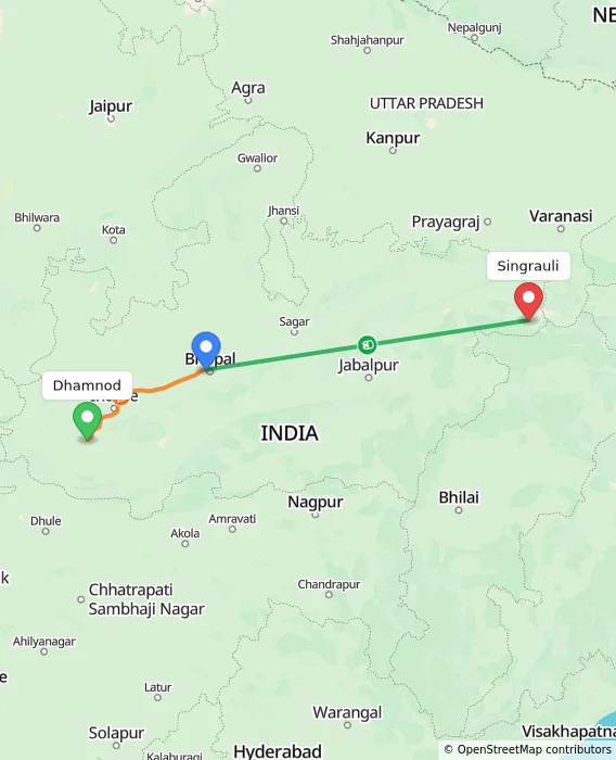 Route map showing distance and travel time from Dhamnod, India to Singrauli, India