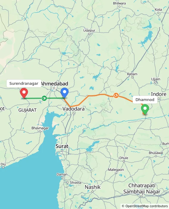 Route map showing distance and travel time from Dhamnod, India to Surendranagar, India