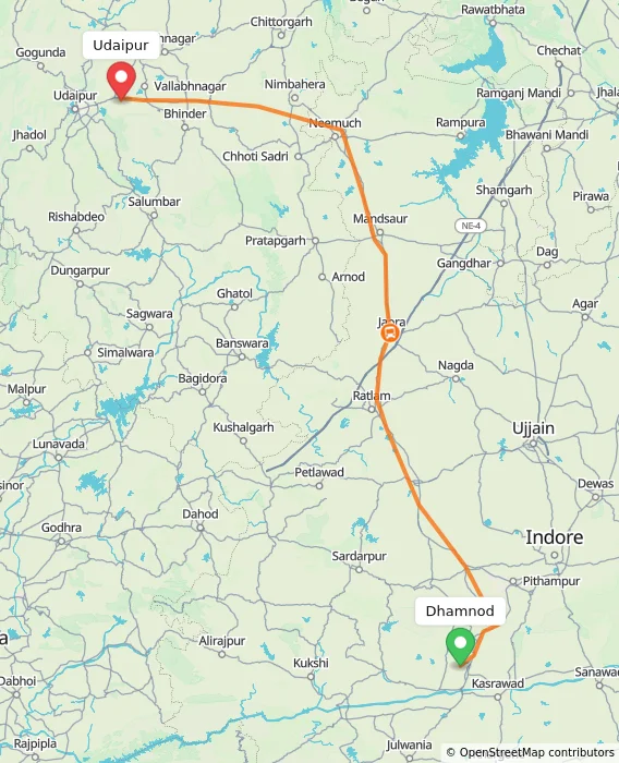 Route map showing distance and travel time from Dhamnod, India to Udaipur, India