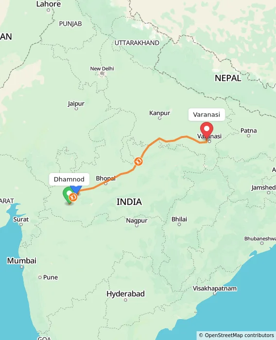 Route map showing distance and travel time from Dhamnod, India to Varanasi, India