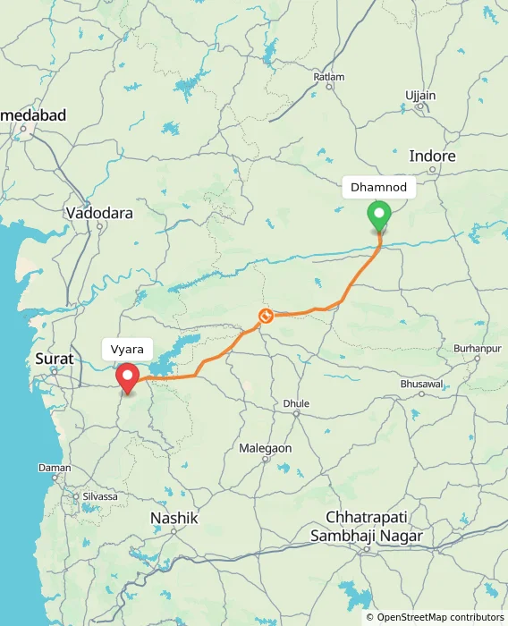 Route map showing distance and travel time from Dhamnod, India to Vyara, India