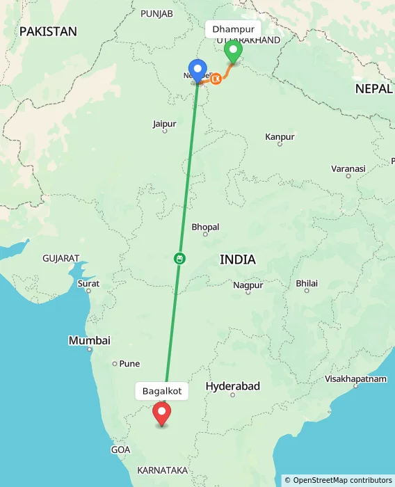 Route map showing distance and travel time from Dhampur, India to Bagalkot, India