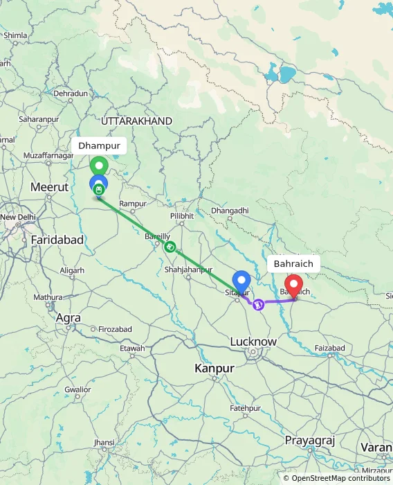 Route map showing distance and travel time from Dhampur, India to Bahraich, India
