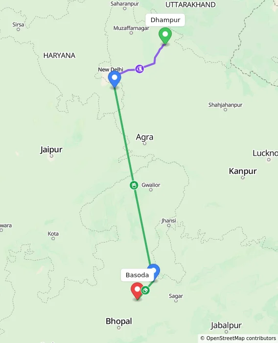 Route map showing distance and travel time from Dhampur, India to Basoda, India