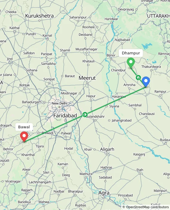 Route map showing distance and travel time from Dhampur, India to Bawal, India