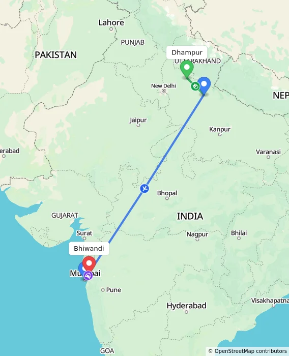 Route map showing distance and travel time from Dhampur, India to Bhiwandi, India