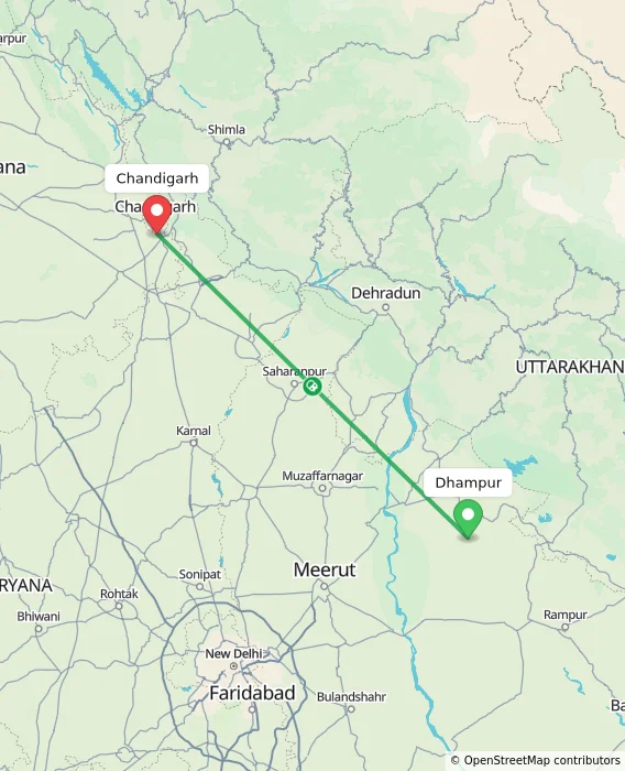 Route map showing distance and travel time from Dhampur, India to Chandigarh, India