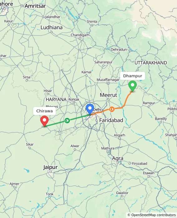 Route map showing distance and travel time from Dhampur, India to Chirawa, India
