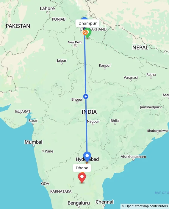 Route map showing distance and travel time from Dhampur, India to Dhone, India