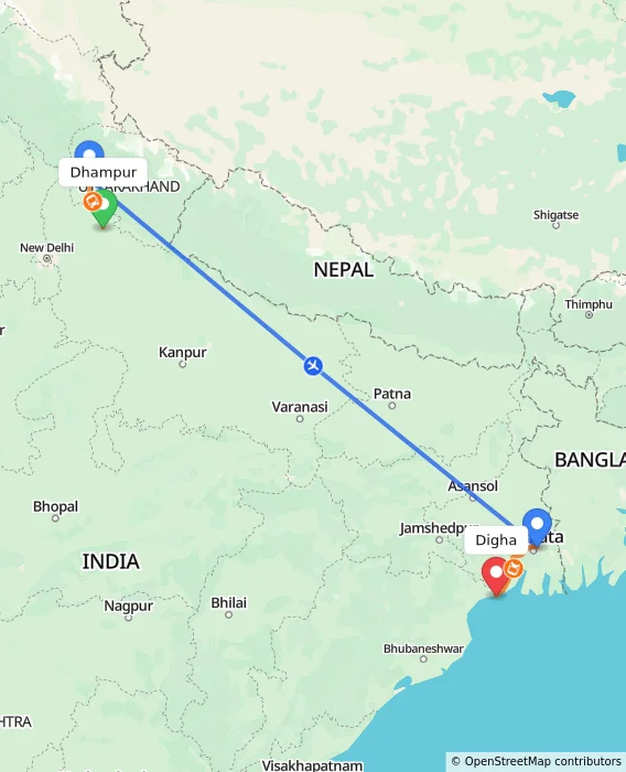 Route map showing distance and travel time from Dhampur, India to Digha, India
