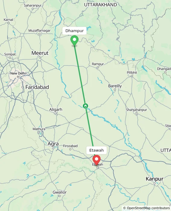 Route map showing distance and travel time from Dhampur, India to Etawah, India