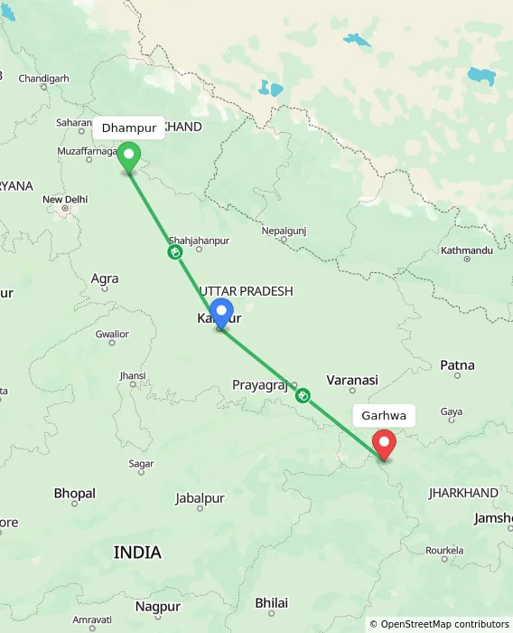 Route map showing distance and travel time from Dhampur, India to Garhwa, India