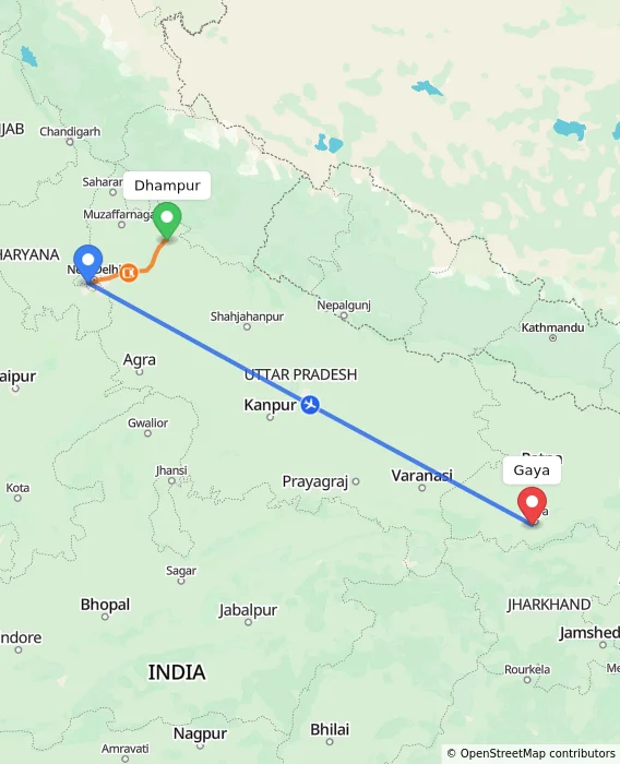 Route map showing distance and travel time from Dhampur, India to Gaya, India