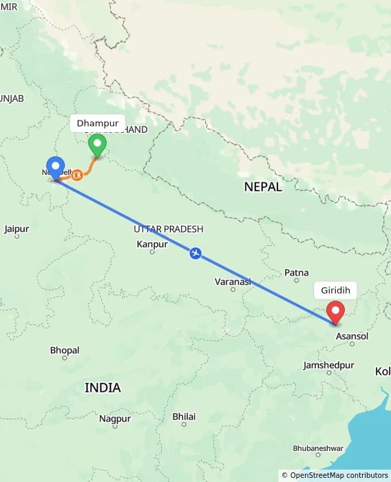 Route map showing distance and travel time from Dhampur, India to Giridih, India