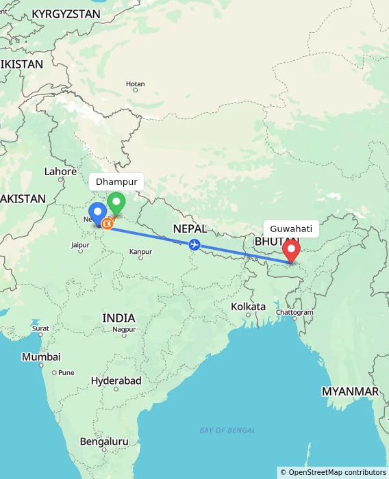 Route map showing distance and travel time from Dhampur, India to Guwahati, India