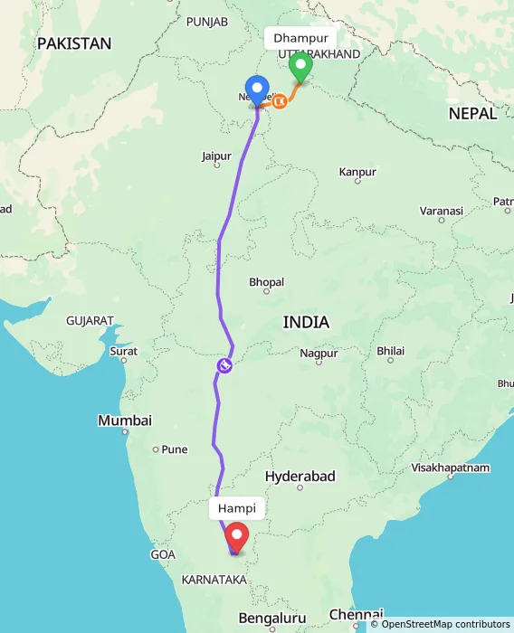 Route map showing distance and travel time from Dhampur, India to Hampi, India