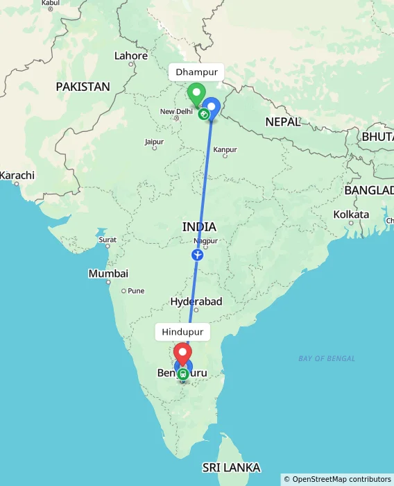 Route map showing distance and travel time from Dhampur, India to Hindupur, India