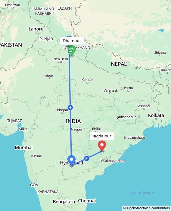 Route map showing distance and travel time from Dhampur, India to Jagdalpur, India