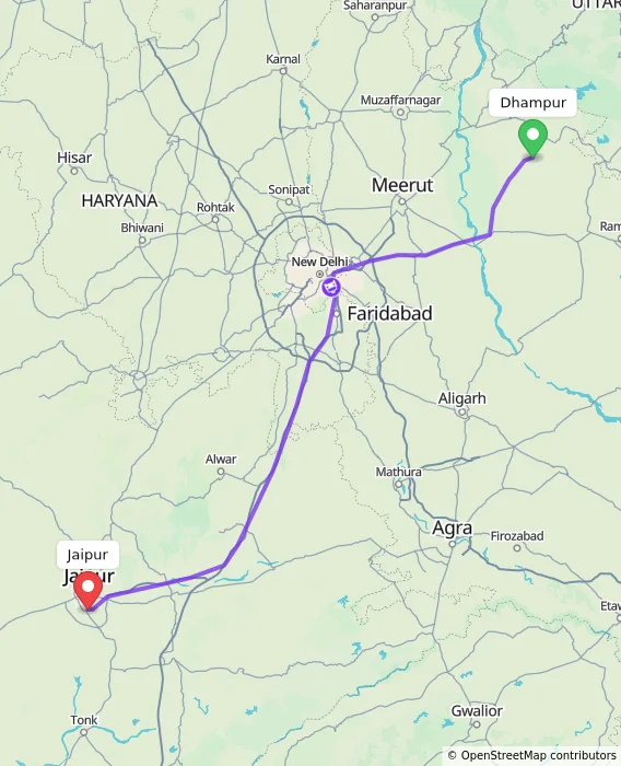 Route map showing distance and travel time from Dhampur, India to Jaipur, India
