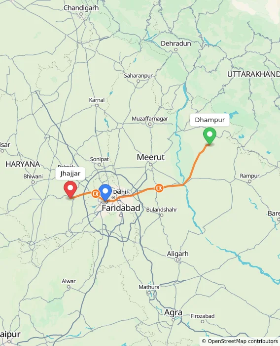 Route map showing distance and travel time from Dhampur, India to Jhajjar, India