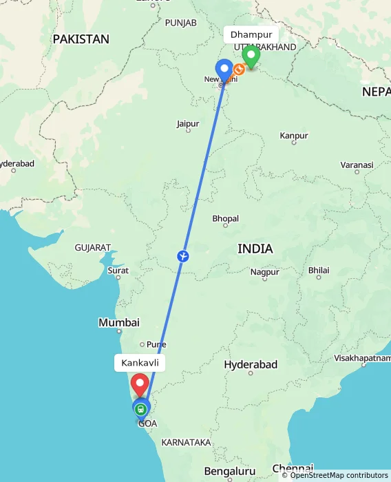 Route map showing distance and travel time from Dhampur, India to Kankavli, India