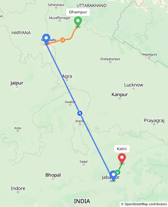 Route map showing distance and travel time from Dhampur, India to Katni, India