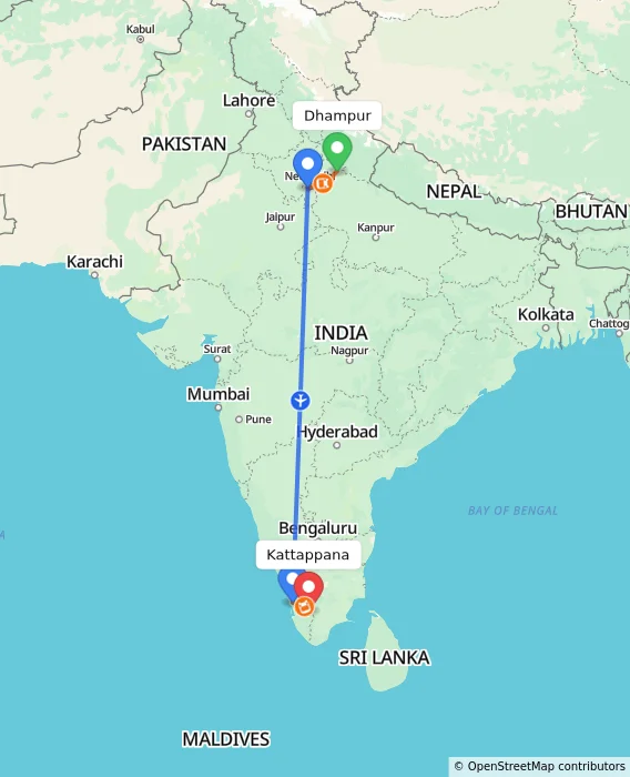 Route map showing distance and travel time from Dhampur, India to Kattappana, India