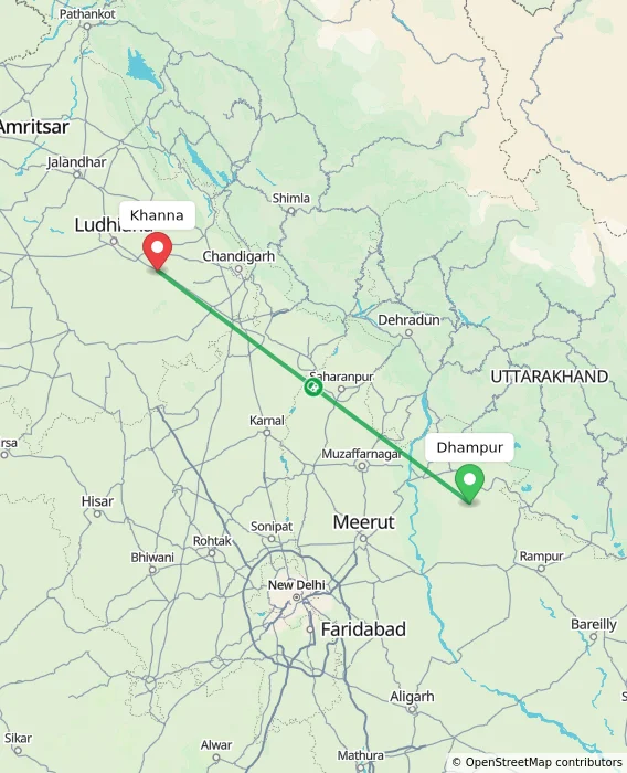 Route map showing distance and travel time from Dhampur, India to Khanna, India