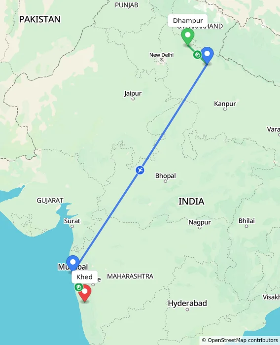 Route map showing distance and travel time from Dhampur, India to Khed, India