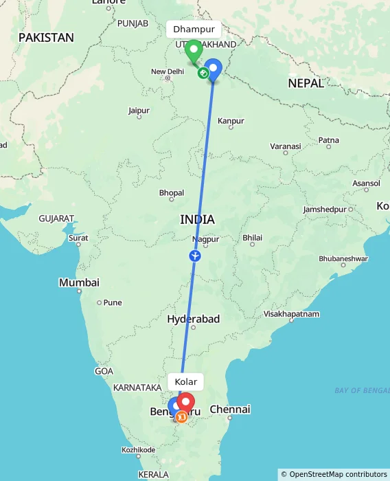 Route map showing distance and travel time from Dhampur, India to Kolar, India
