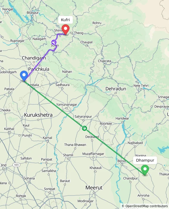 Route map showing distance and travel time from Dhampur, India to Kufri, India
