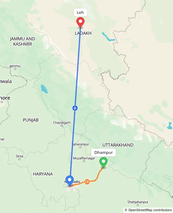 Route map showing distance and travel time from Dhampur, India to Leh, India