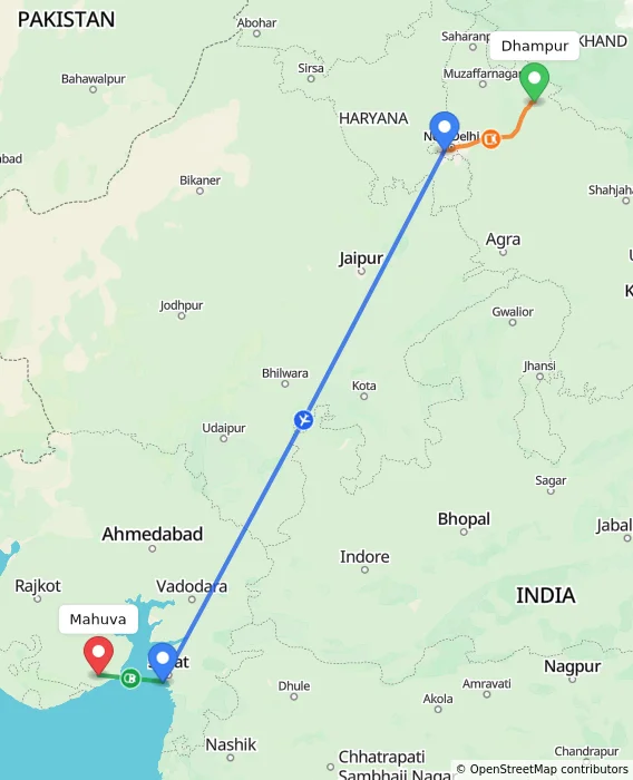 Route map showing distance and travel time from Dhampur, India to Mahuva, India