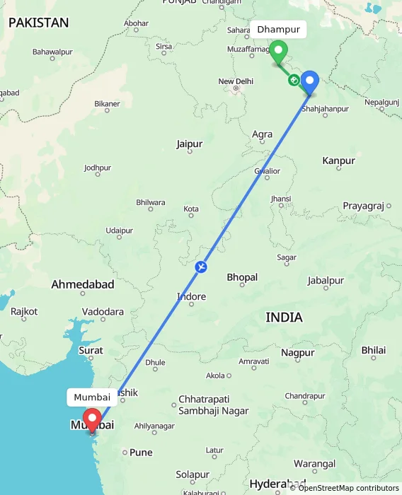 Route map showing distance and travel time from Dhampur, India to Mumbai, India