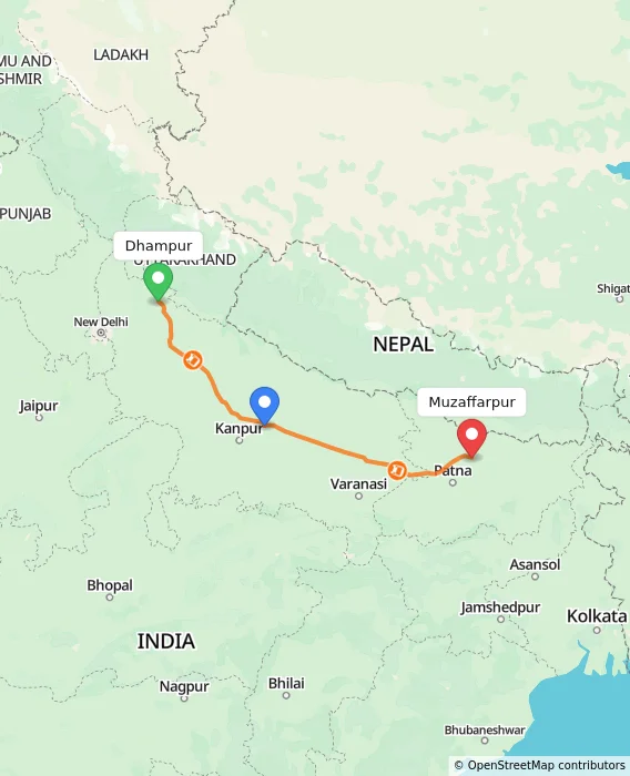 Route map showing distance and travel time from Dhampur, India to Muzaffarpur, India