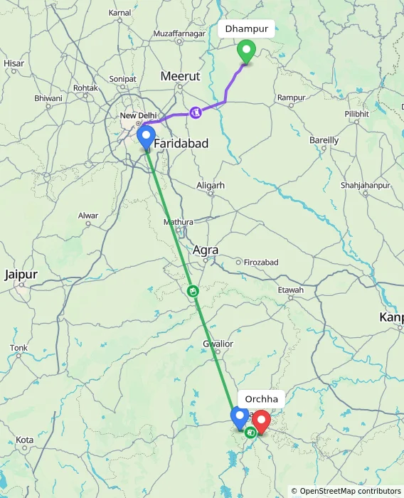 Route map showing distance and travel time from Dhampur, India to Orchha, India