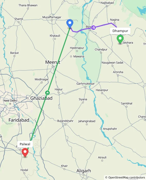 Route map showing distance and travel time from Dhampur, India to Palwal, India