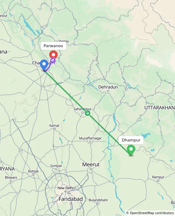 Route map showing distance and travel time from Dhampur, India to Parwanoo, India