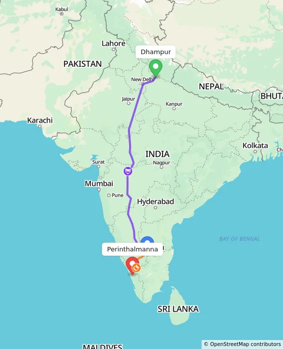 Route map showing distance and travel time from Dhampur, India to Perinthalmanna, India