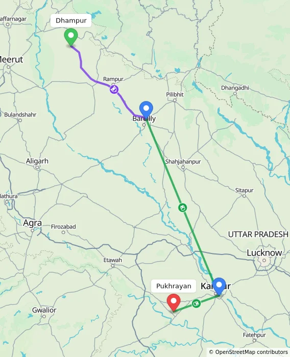 Route map showing distance and travel time from Dhampur, India to Pukhrayan, India