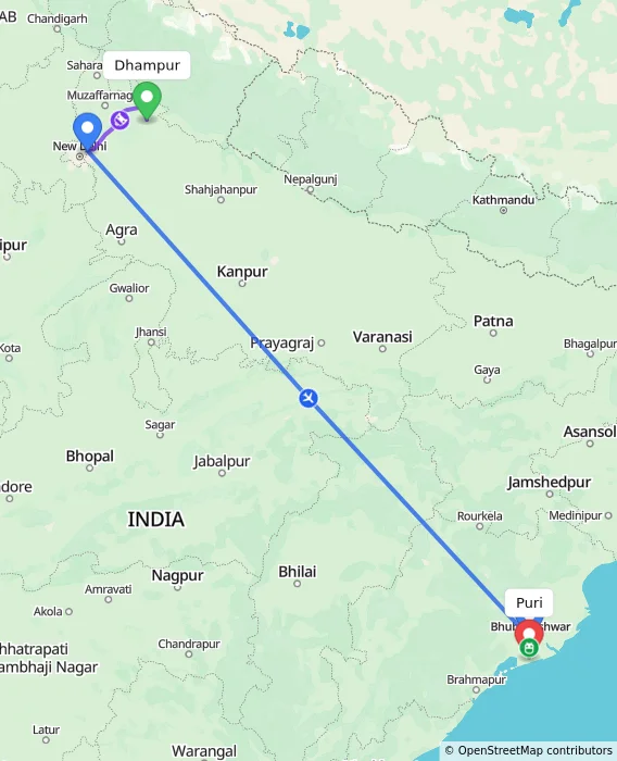 Route map showing distance and travel time from Dhampur, India to Puri, India